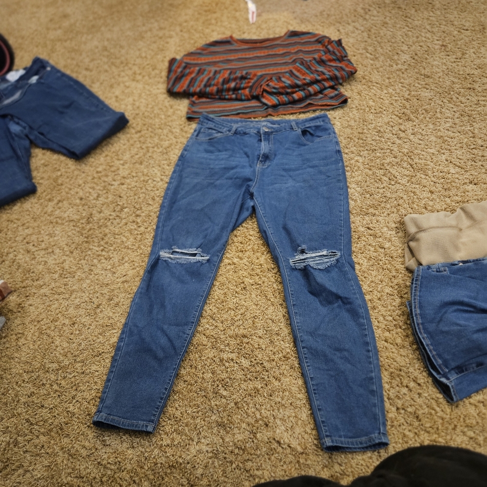 Striped Top and Distressed Jeans Set